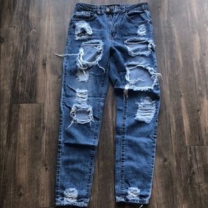Distressed high rise jeans